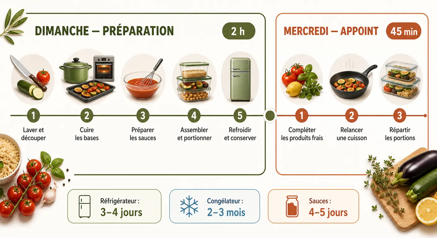 Infographie du planning batch cooking en deux sessions