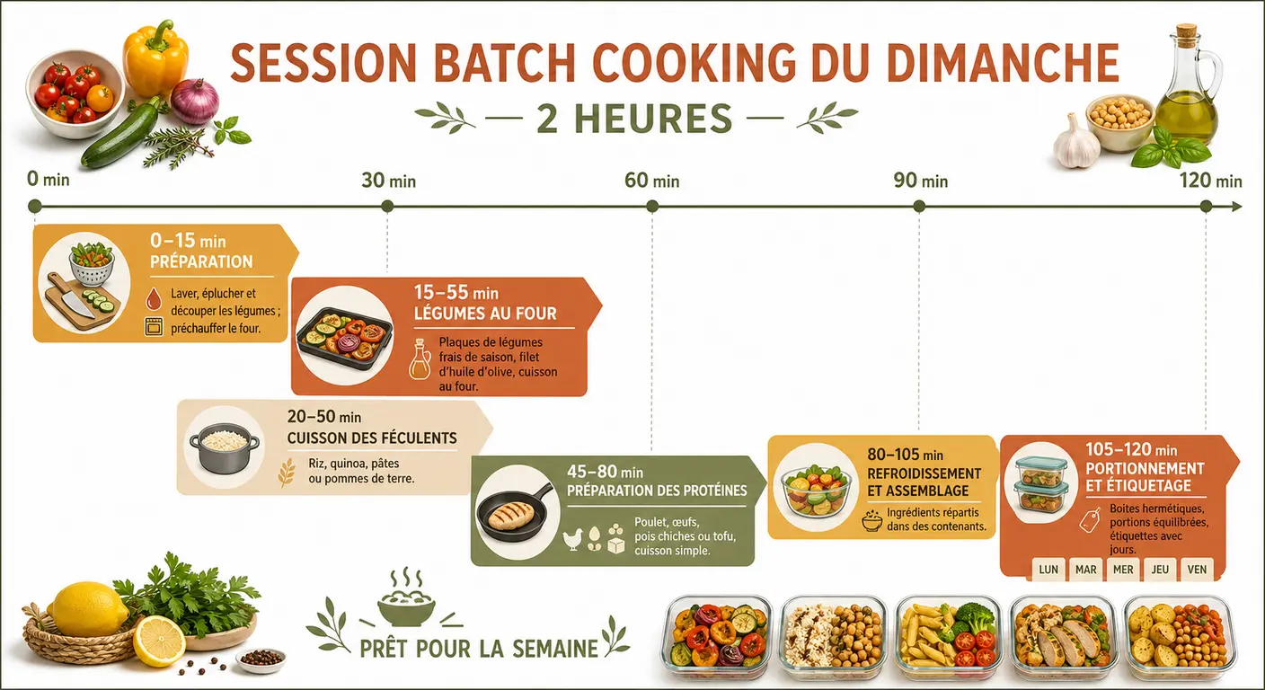 Infographie des étapes de la session batch cooking du dimanche