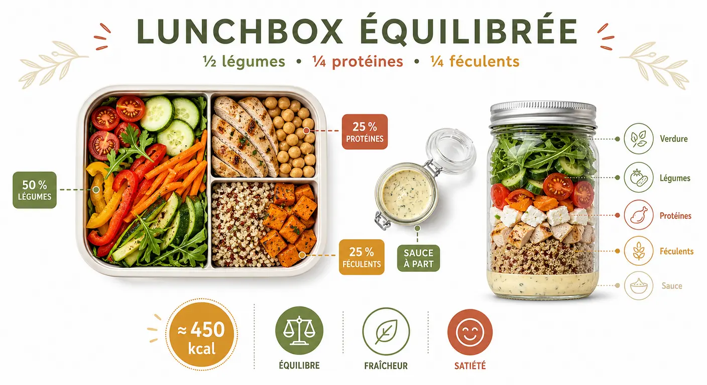 Infographie de composition d'une lunchbox minceur équilibrée