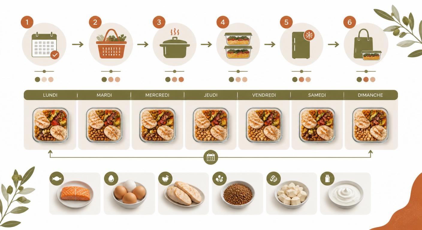Infographie expliquant le principe du meal prep protéiné sur la semaine