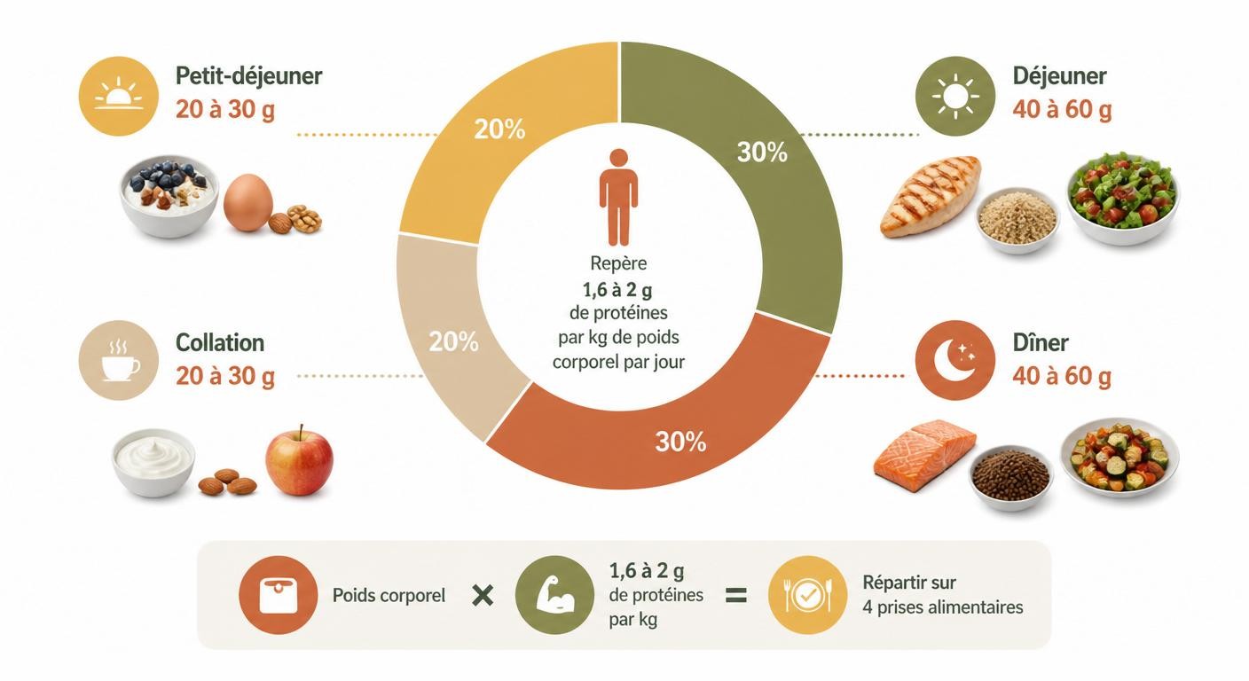 Infographie de la répartition des protéines par repas sur une journée