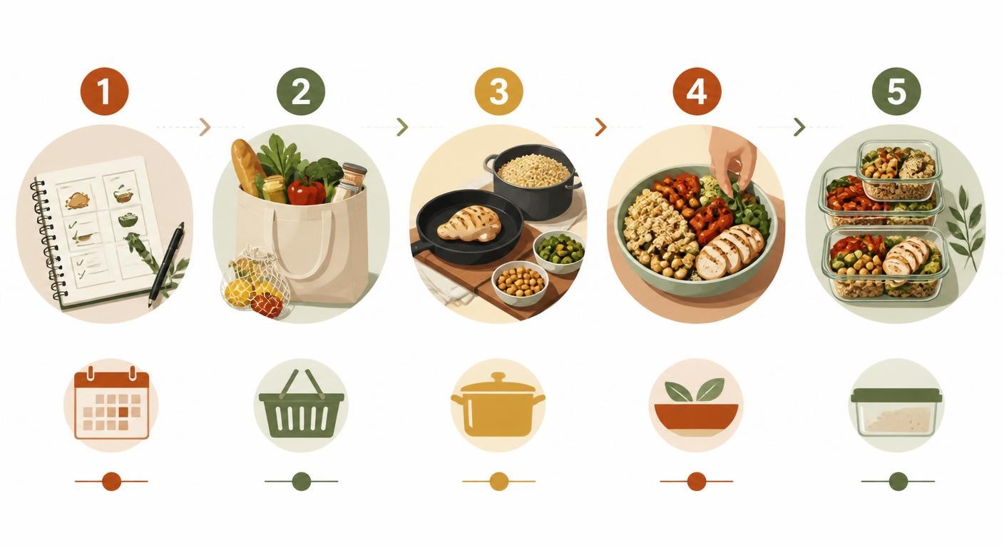 Infographie des 5 étapes pour préparer ses repas protéinés de la semaine