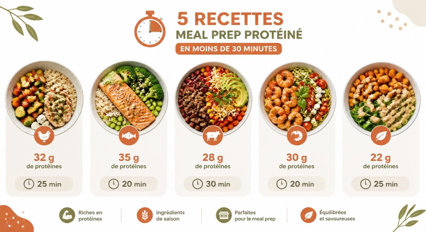 Infographie de cinq recettes de meal prep protéiné en moins de 30 minutes