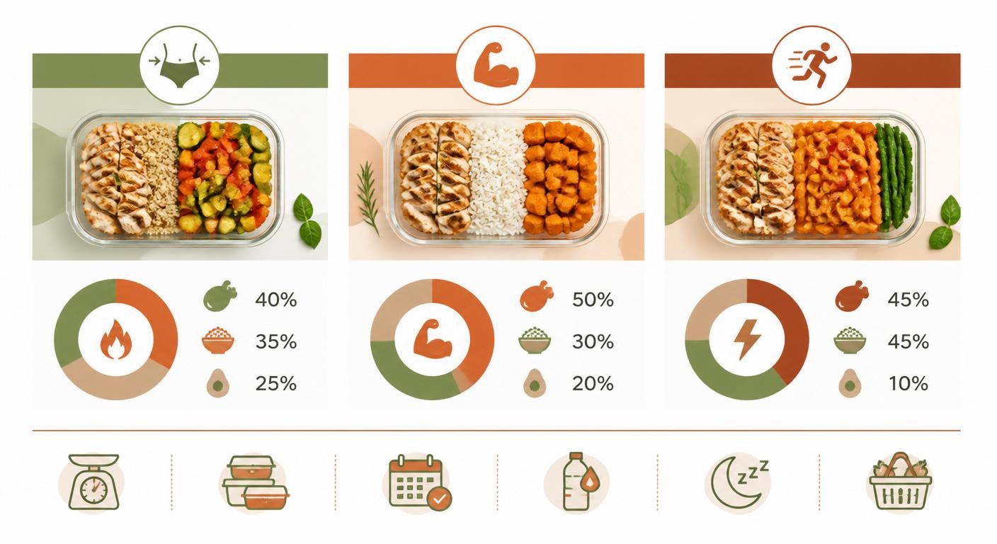 Infographie du meal prep protéiné adapté à trois objectifs : perte de poids, prise de masse, performance