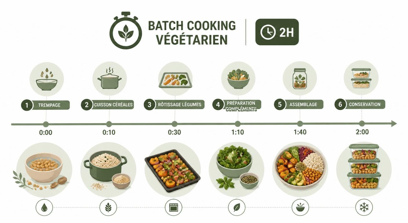 Infographie du déroulé d'un batch cooking végétarien en 2 heures