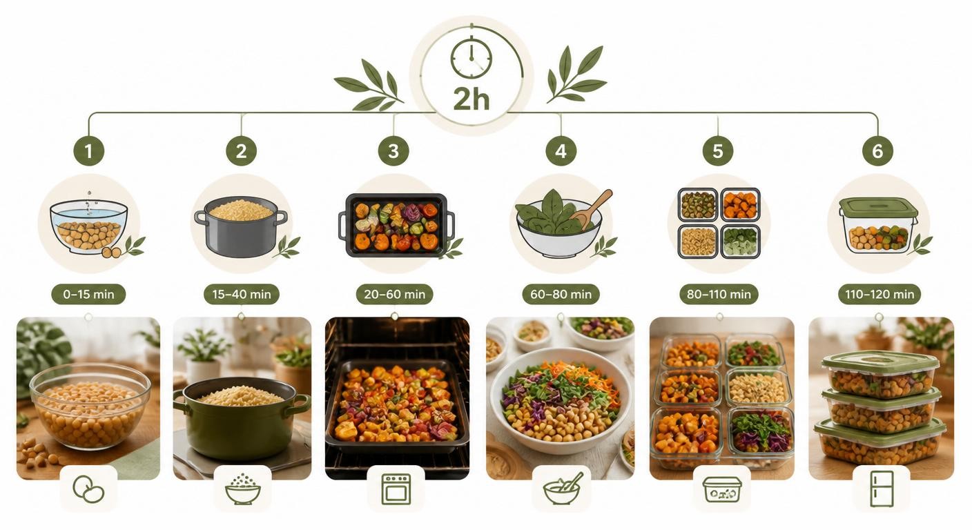Infographie des étapes d'un batch cooking végétarien réalisé en 2 heures