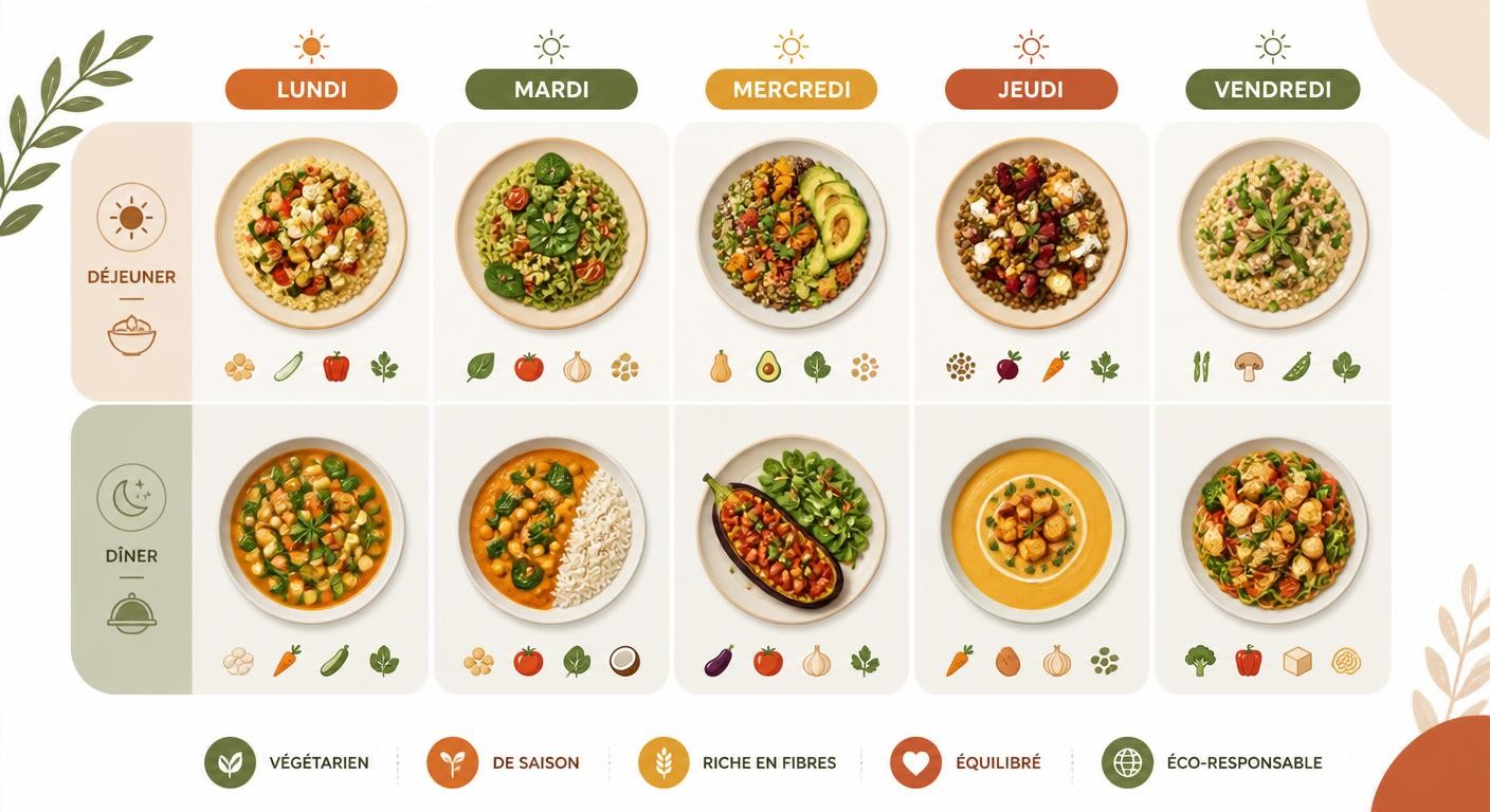 Infographie d'un planning de meal prep végétarien sur 5 jours