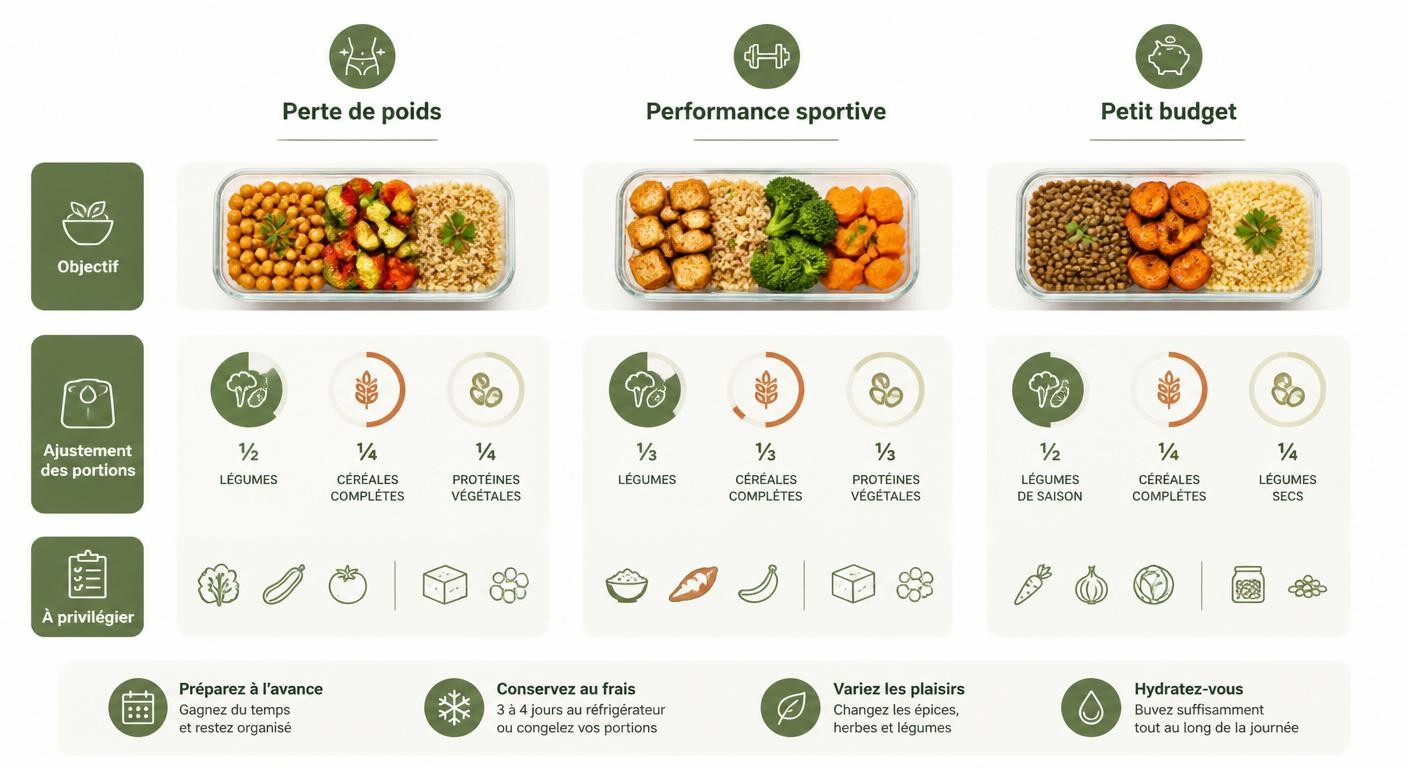 Infographie du meal prep végétarien adapté à trois objectifs