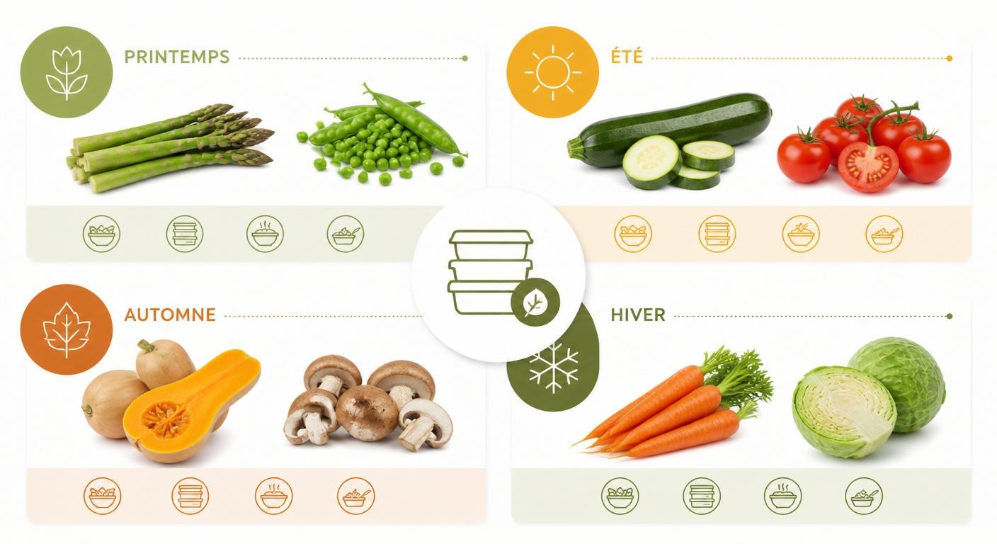 Infographie du calendrier des légumes de saison pour le meal prep végétarien