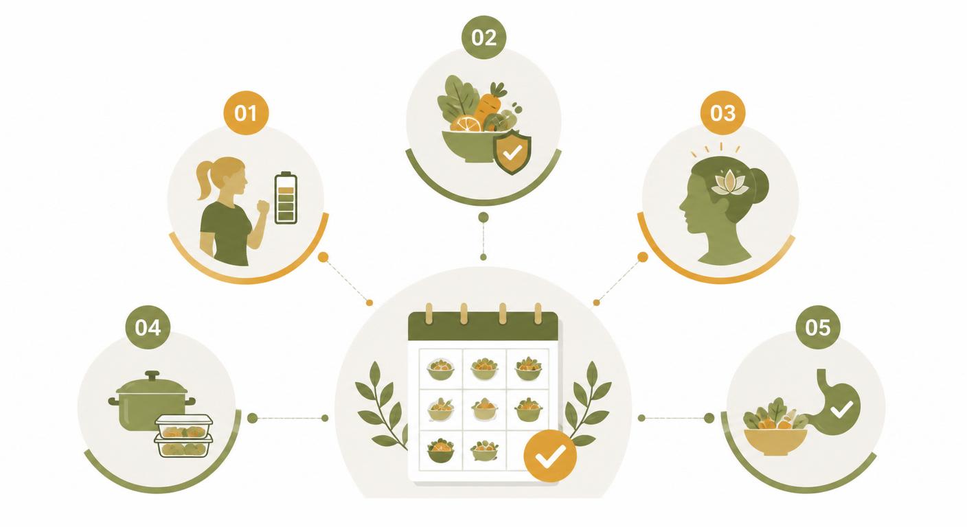 Infographie présentant les 5 bénéfices d'un menu semaine anti-fatigue