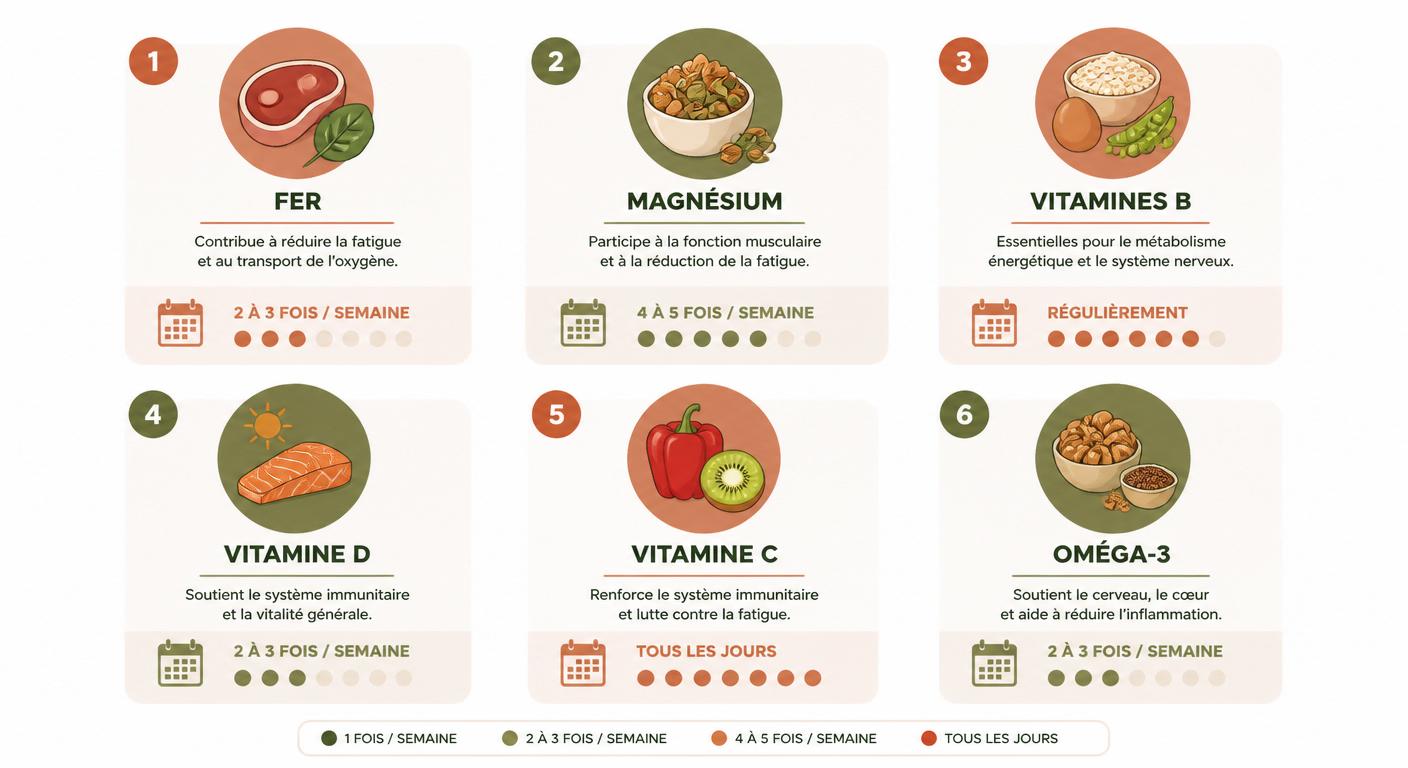 Infographie des 6 nutriments anti-fatigue à intégrer dans le menu semaine