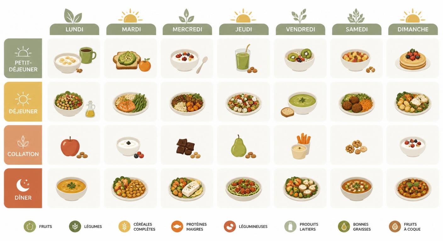 Infographie présentant le menu anti-fatigue complet sur 7 jours