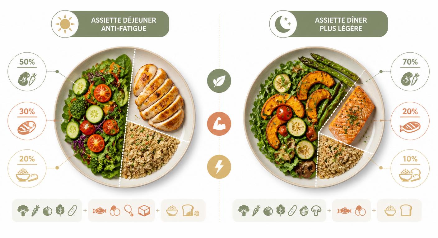 Infographie des assiettes type déjeuner et dîner anti-fatigue