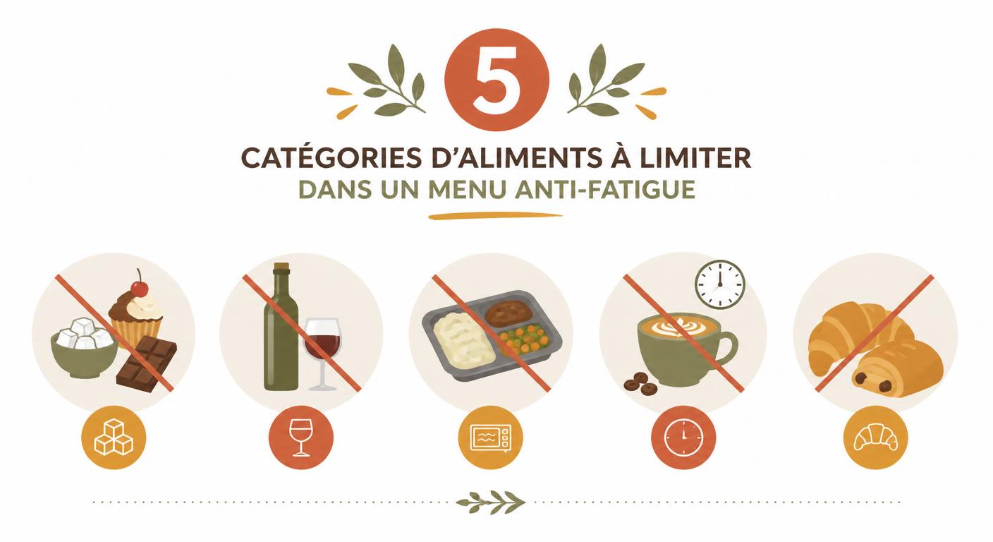 Infographie des 5 catégories d'aliments à éviter dans un menu anti-fatigue