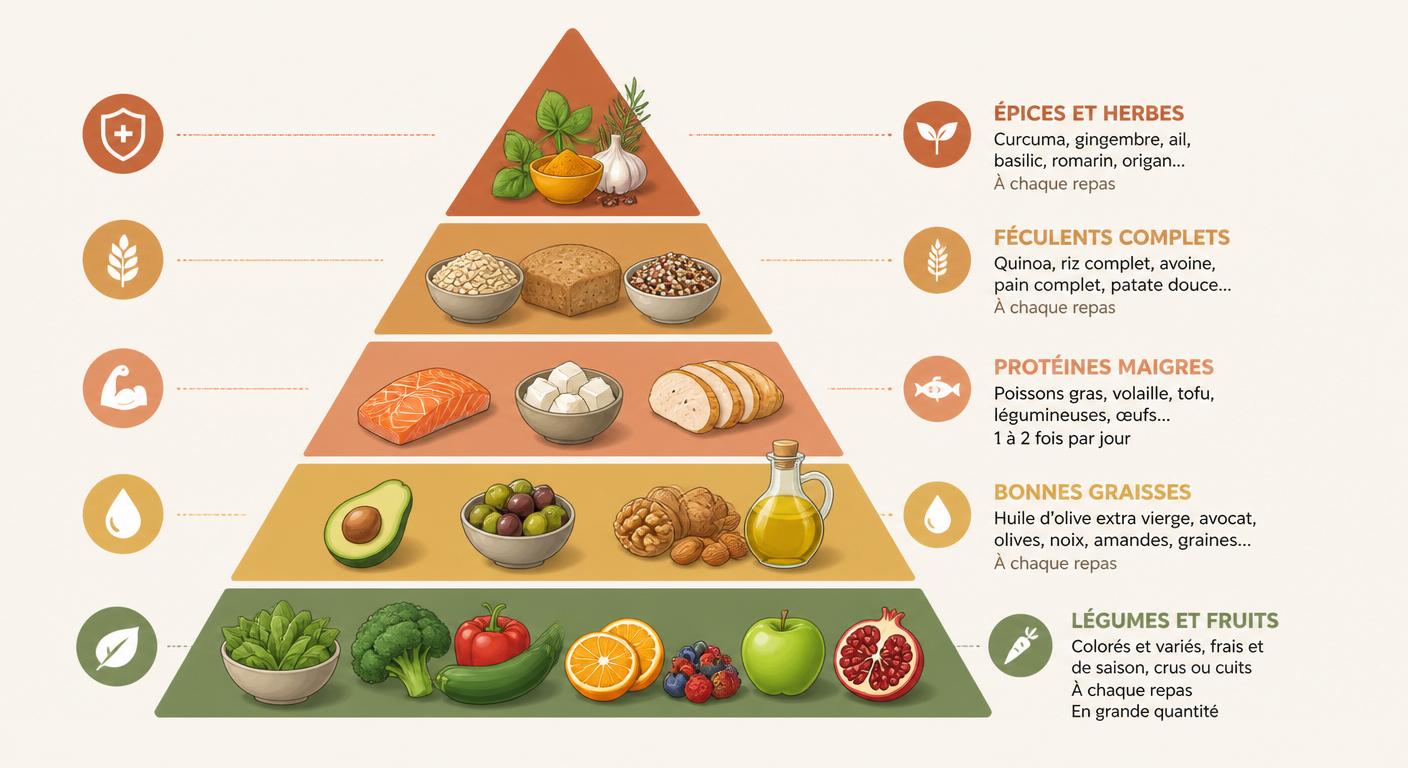 Infographie pyramide des 5 piliers d'une assiette anti-inflammatoire