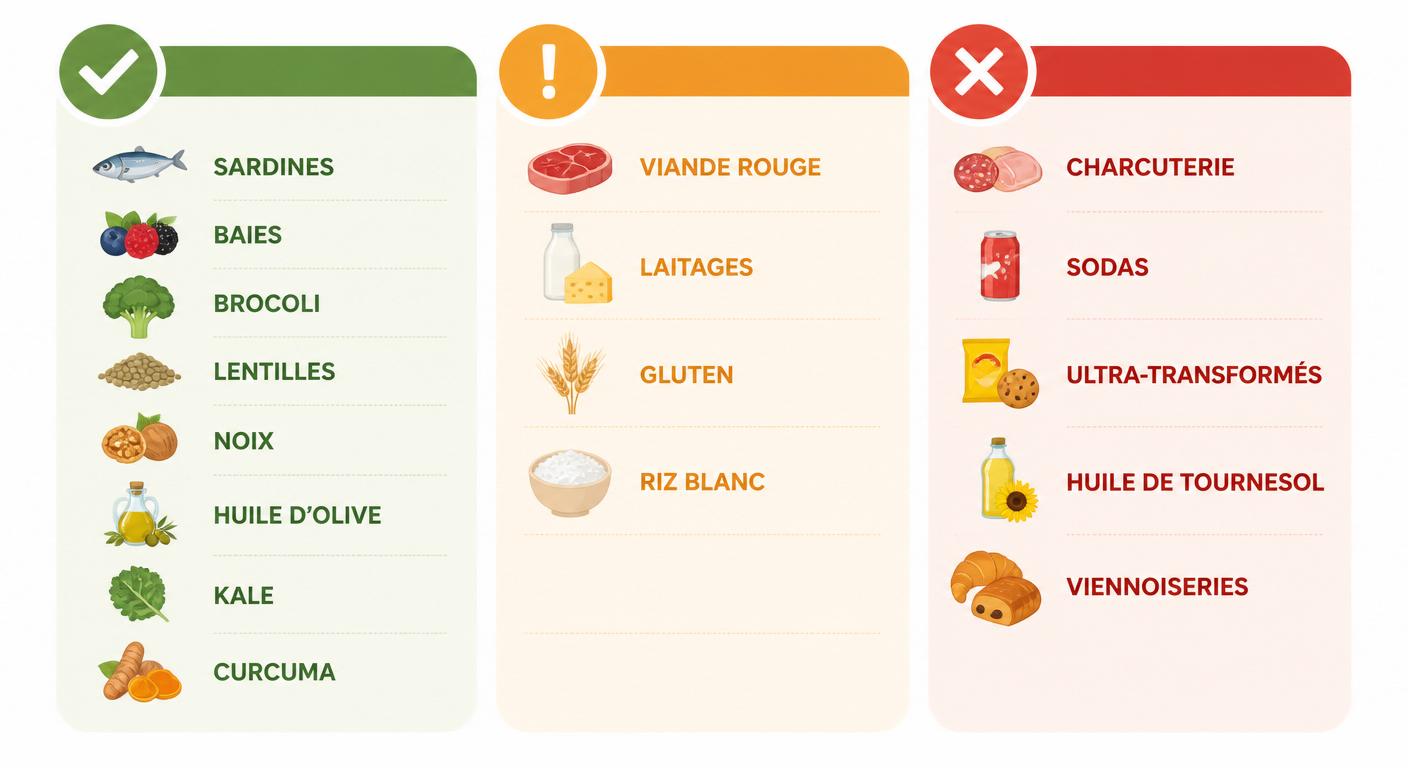 Infographie feu tricolore des aliments anti-inflammatoires par catégorie