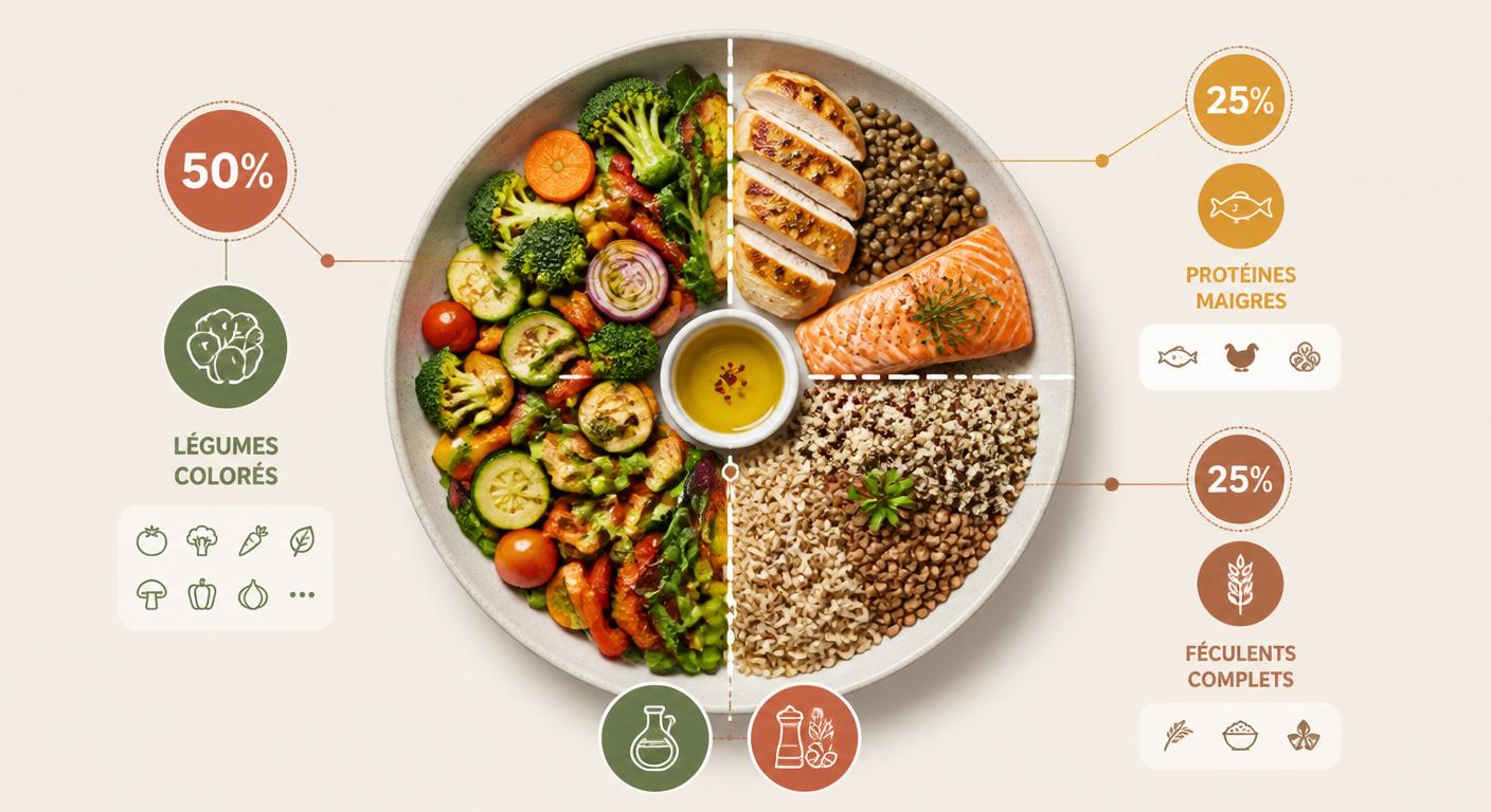 Infographie anatomie d'un repas anti-inflammatoire avec proportions par familles d'aliments