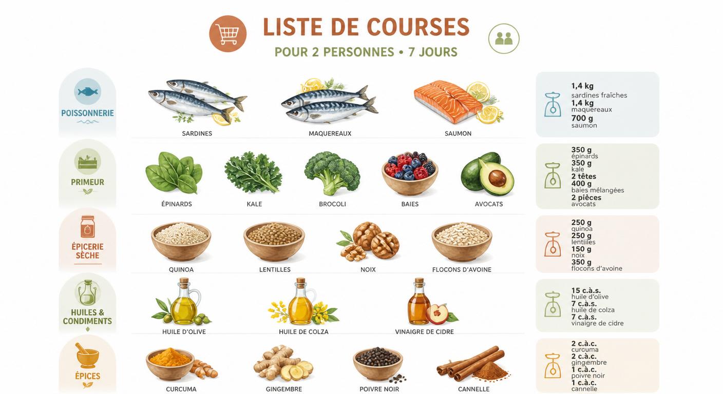 Infographie liste de courses anti-inflammatoire organisée par 5 rayons avec quantités pour 2 personnes
