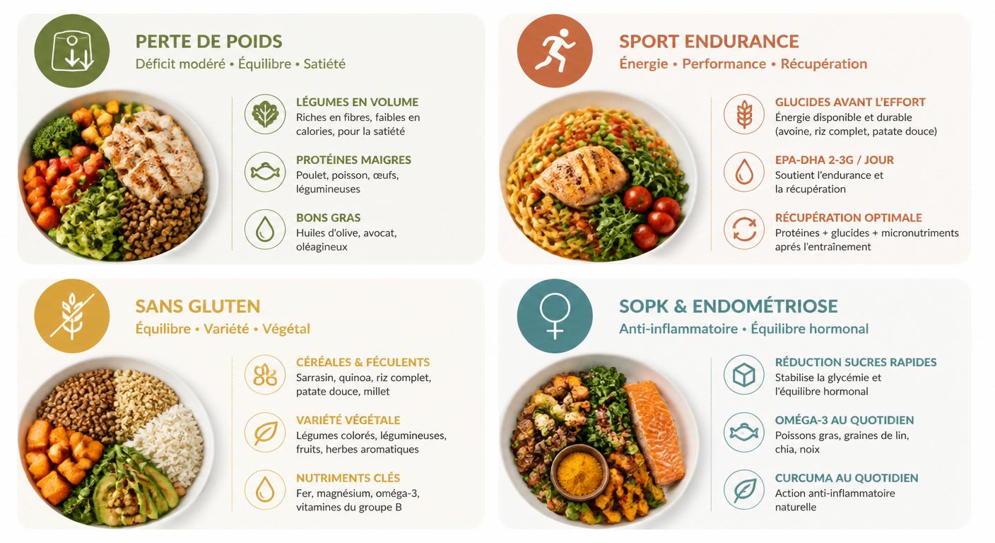 Infographie matrice 4 profils d'adaptation du menu anti-inflammatoire perte de poids sport sans gluten SOPK