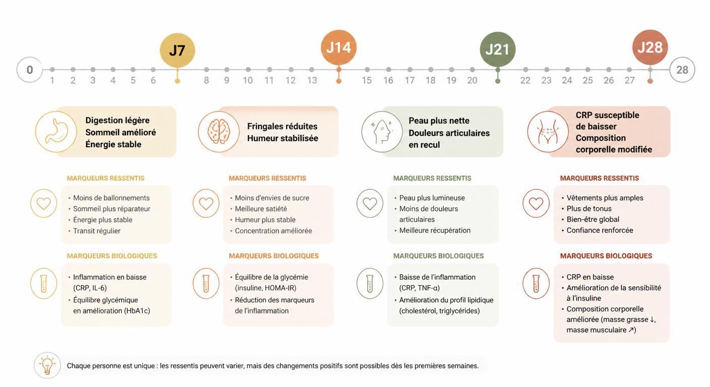 Infographie chronologie 28 jours des résultats du menu anti-inflammatoire avec jalons ressentis et biologiques