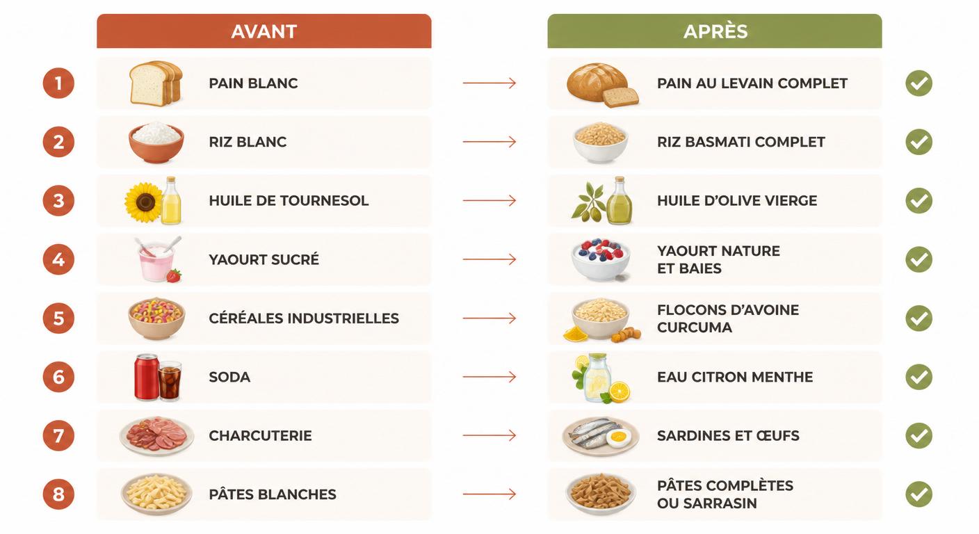 Infographie avant après 8 substitutions alimentaires anti-inflammatoires du quotidien
