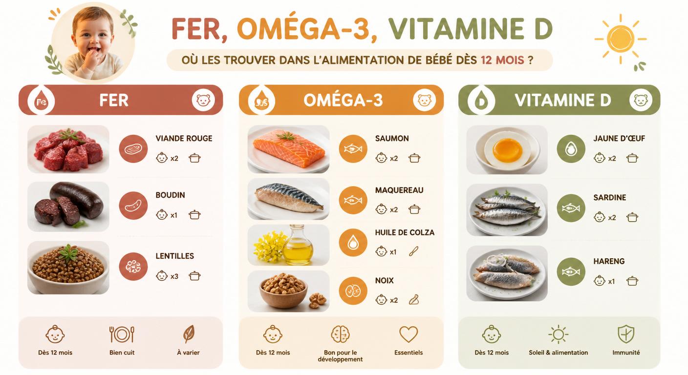 Sources alimentaires de fer, oméga-3 et vitamine D pour un bébé de 12 mois