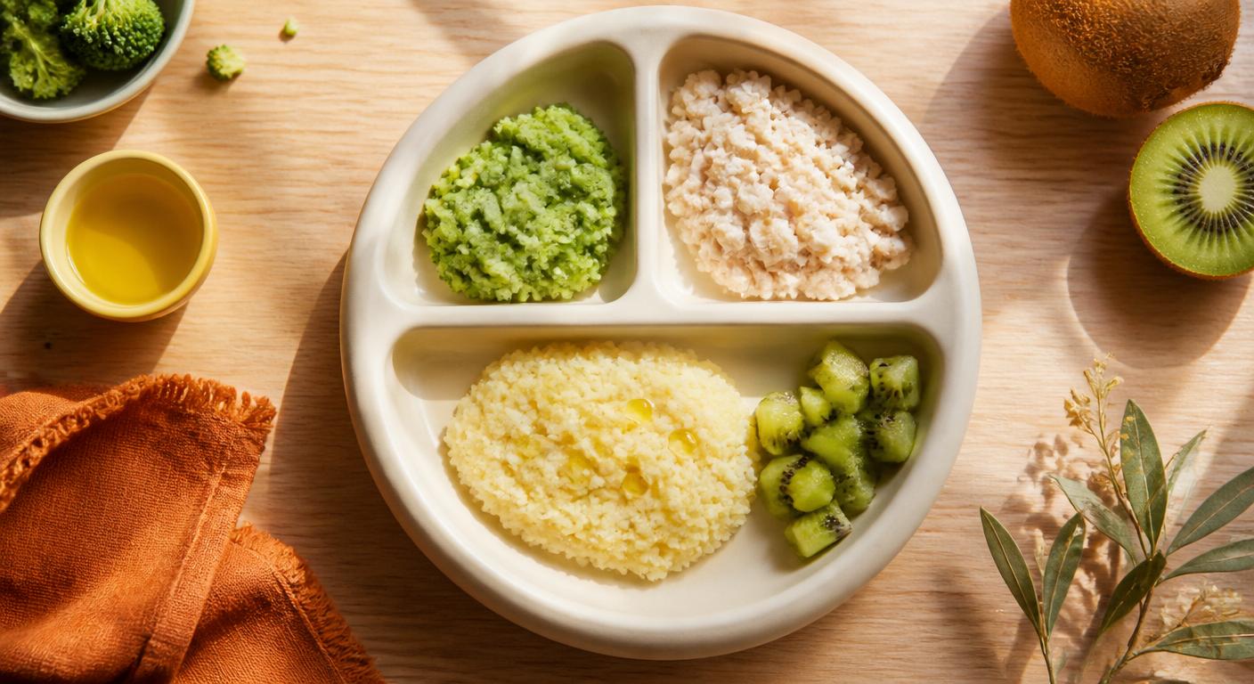 Assiette de déjeuner équilibrée pour un bébé de 12 mois avec brocolis, poulet, semoule et kiwi