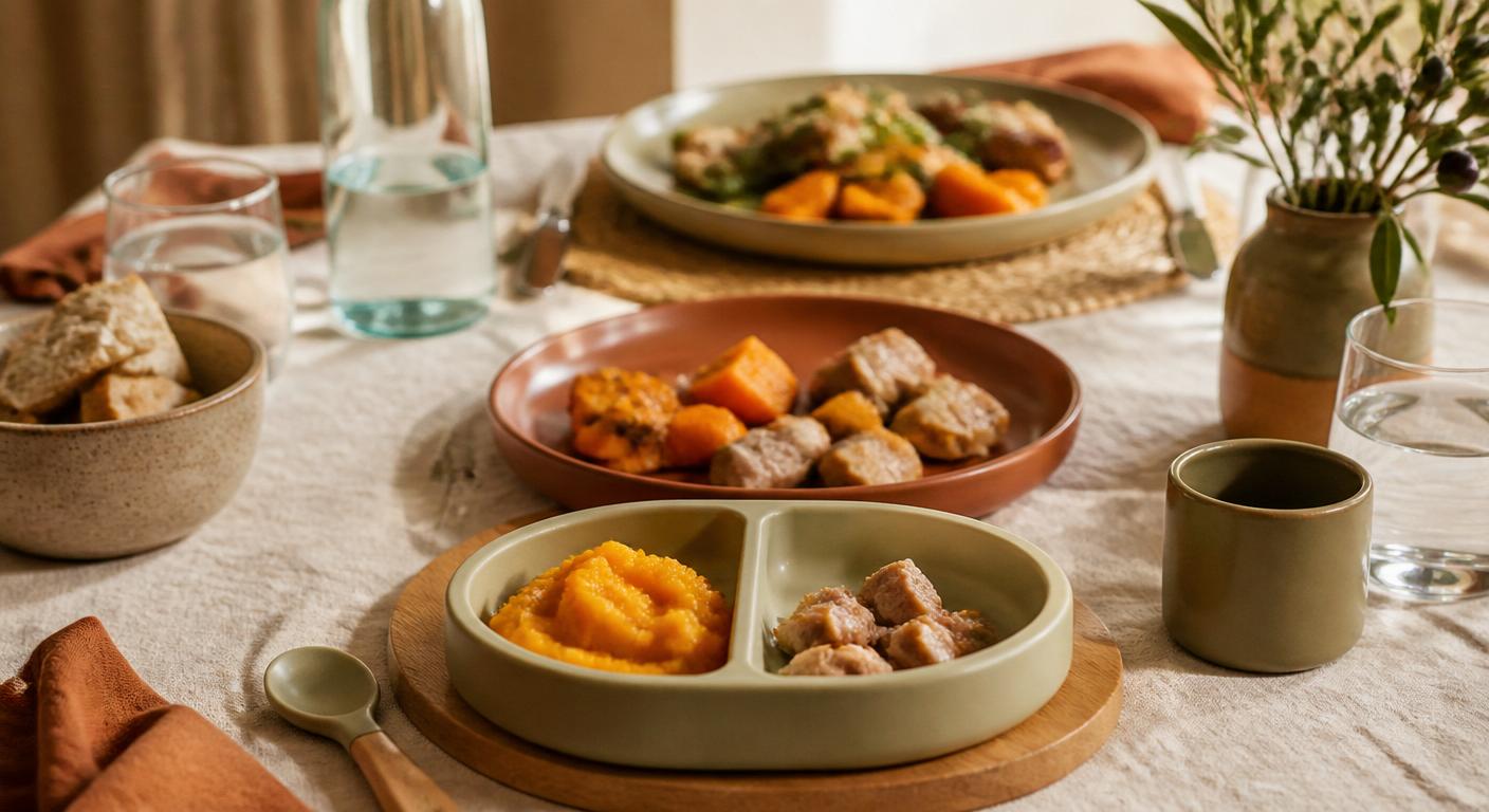 Famille partageant un repas dominical avec un bébé de 12 mois à la même table