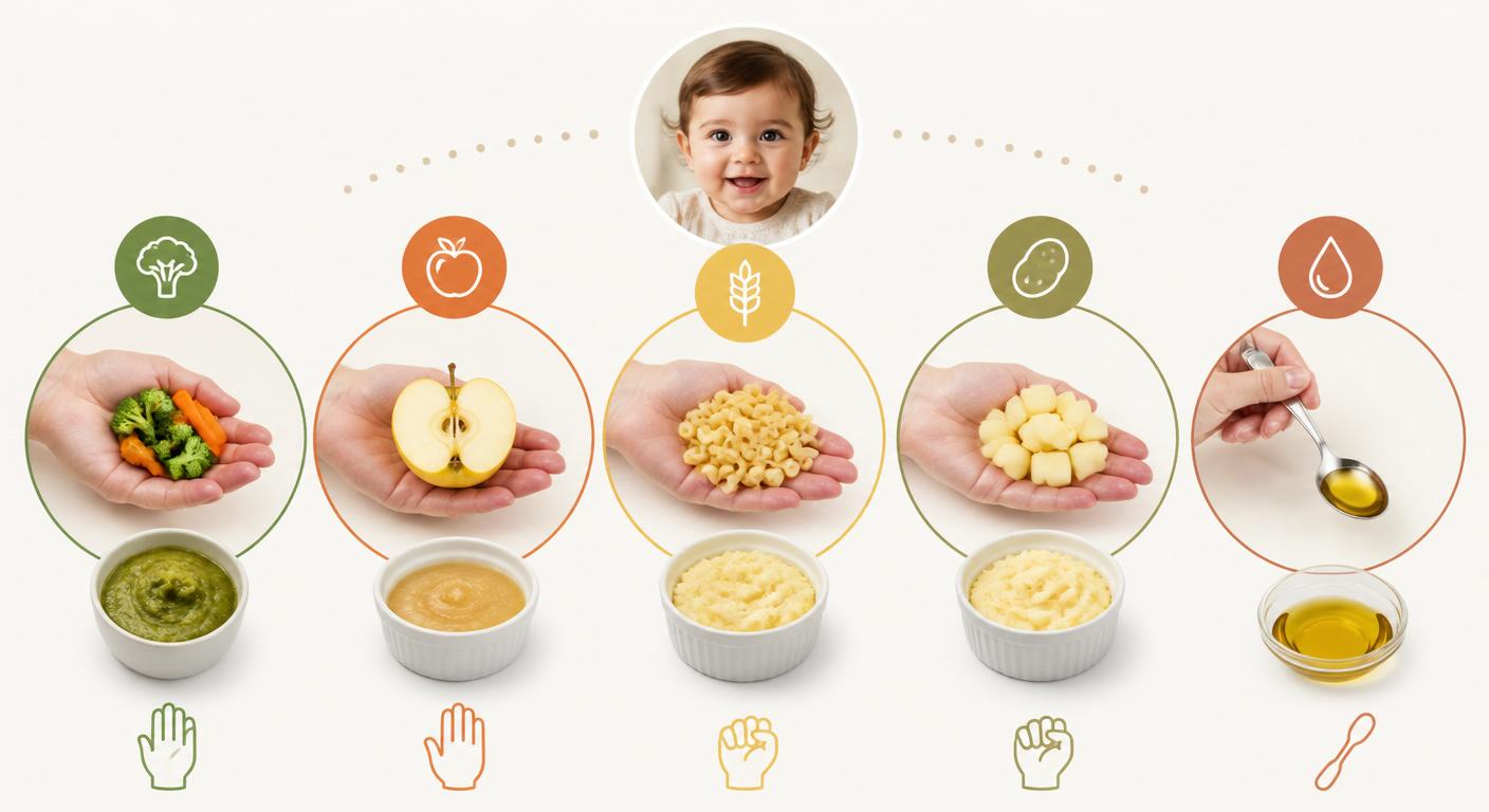 Portions précises de légumes, fruits, féculents et huile pour un bébé de 12 mois
