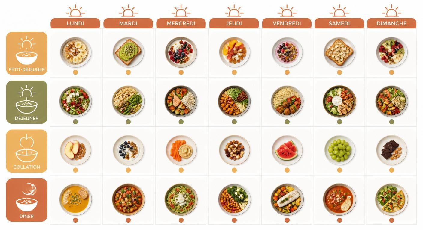 Infographie d'un exemple de menu équilibré sur une semaine, du lundi au dimanche
