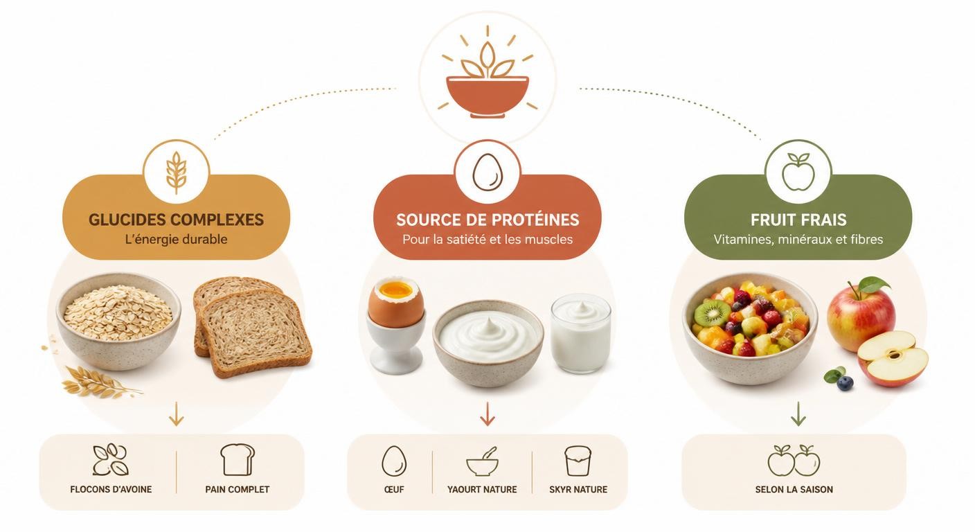 Infographie des trois composantes d'un petit-déjeuner équilibré pour un menu de la semaine