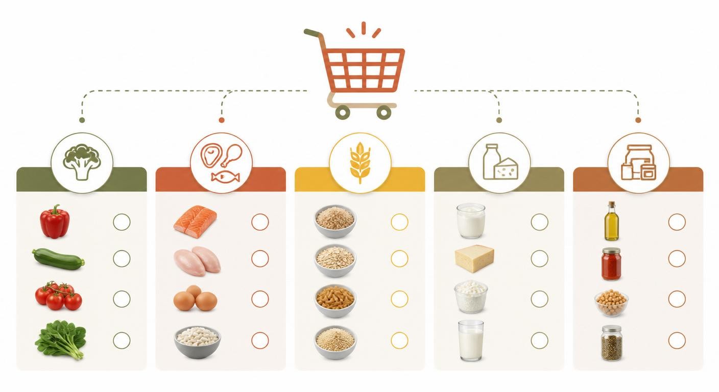 Infographie d'une liste de courses organisée à partir d'un menu équilibré de la semaine