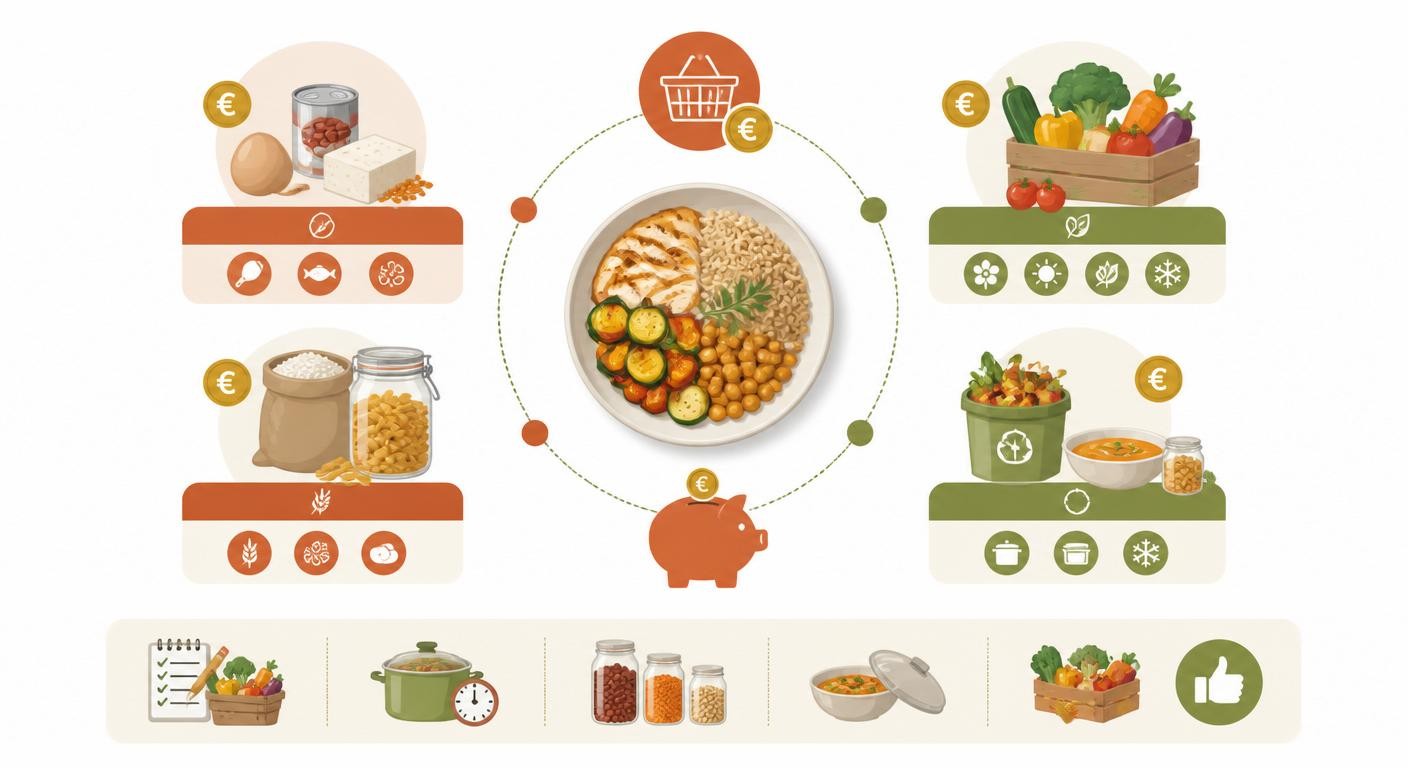Infographie d'un menu équilibré pas cher pour la semaine avec sources économiques