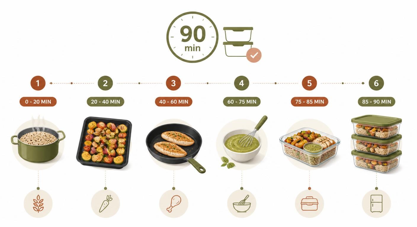 Infographie d'une session de batch cooking de 90 minutes pour un menu équilibré de la semaine