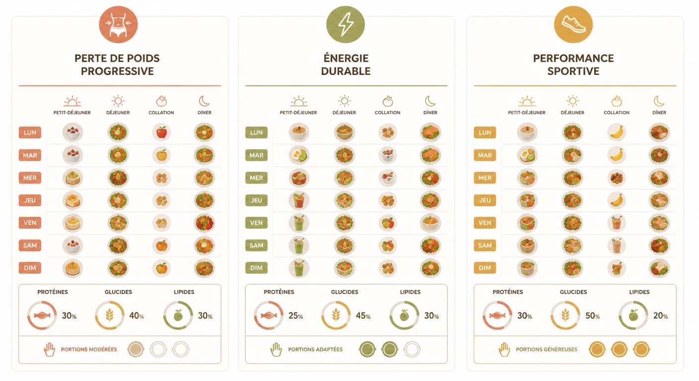 Infographie de l'adaptation d'un menu équilibré de la semaine selon trois objectifs