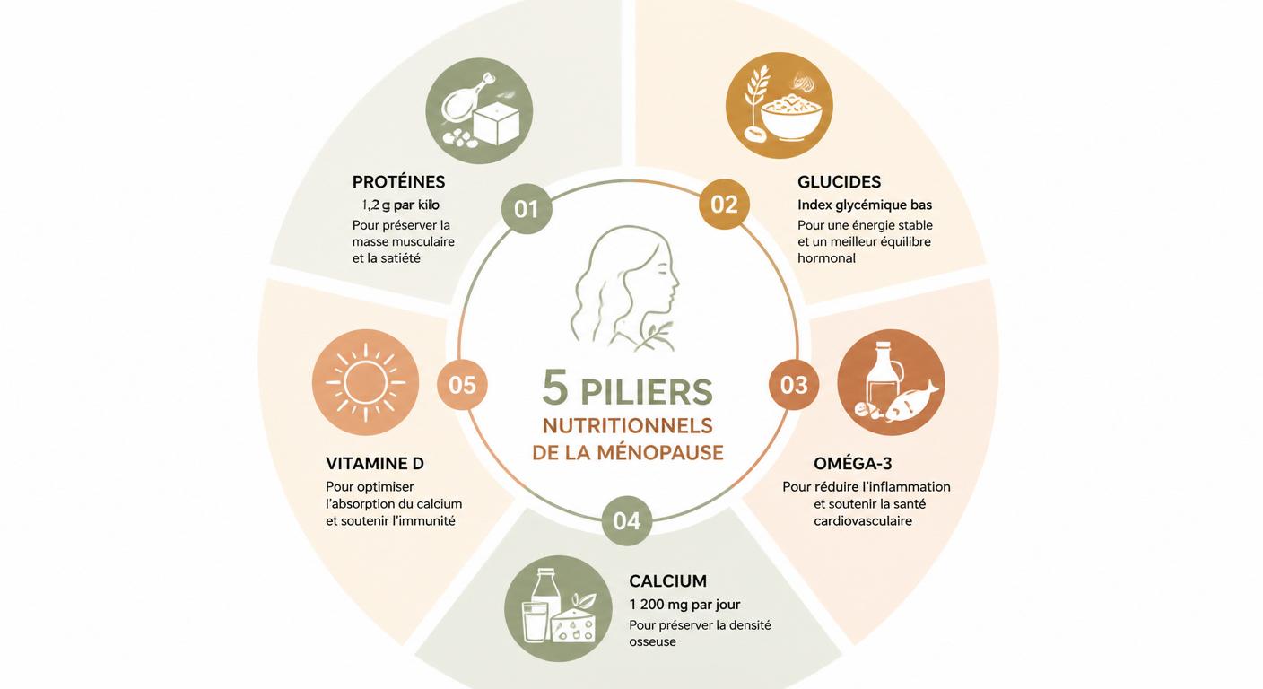 Infographie des cinq piliers nutritionnels du régime ménopause