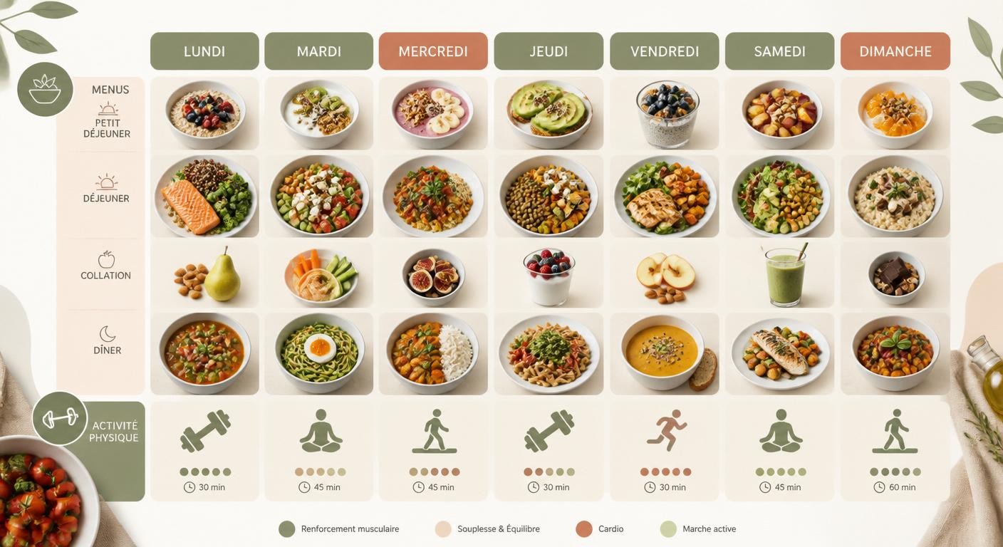 Infographie d'une semaine type combinant menus et activité physique pour la ménopause