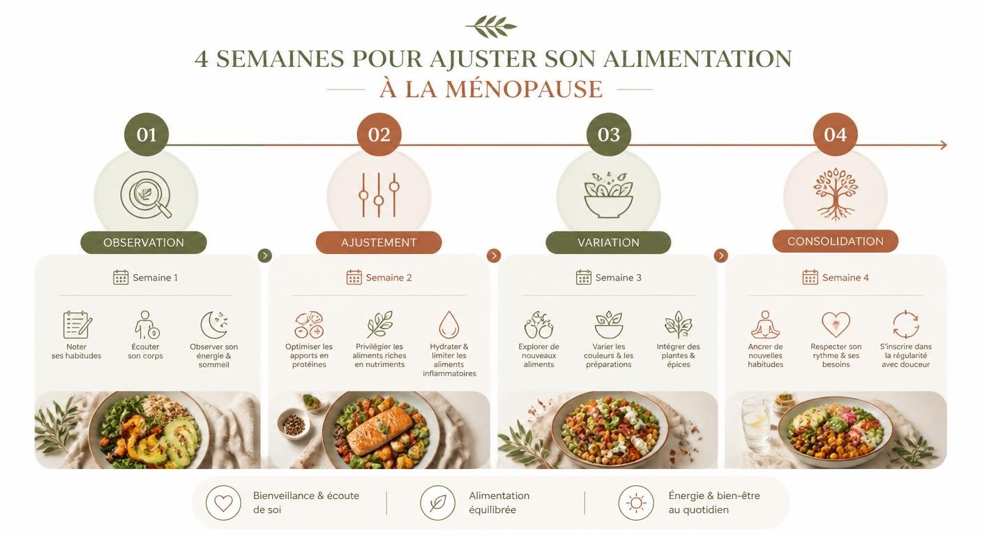 Infographie d'un protocole d'ajustement alimentaire ménopause sur quatre semaines