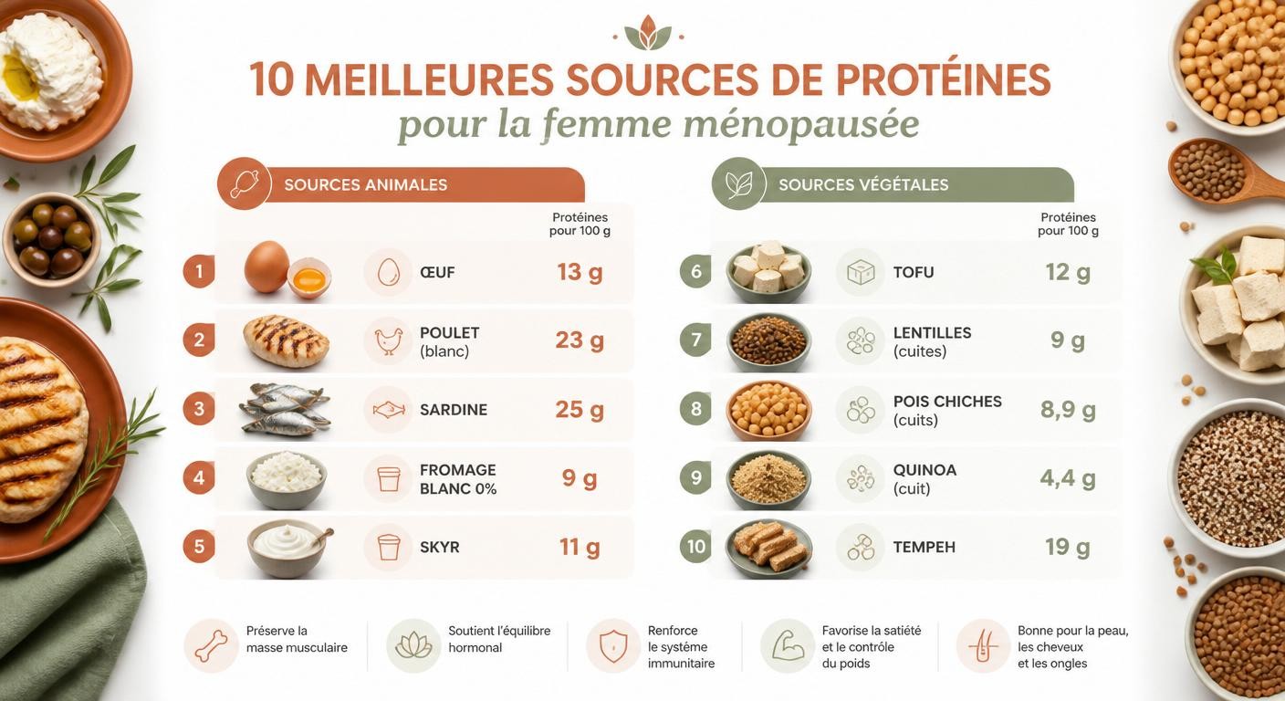 Infographie des meilleures sources de protéines animales et végétales pour la ménopause