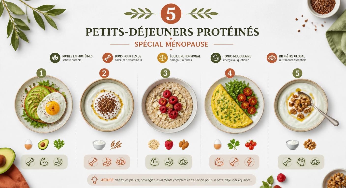 Infographie de cinq idées de petits-déjeuners protéinés pour la ménopause