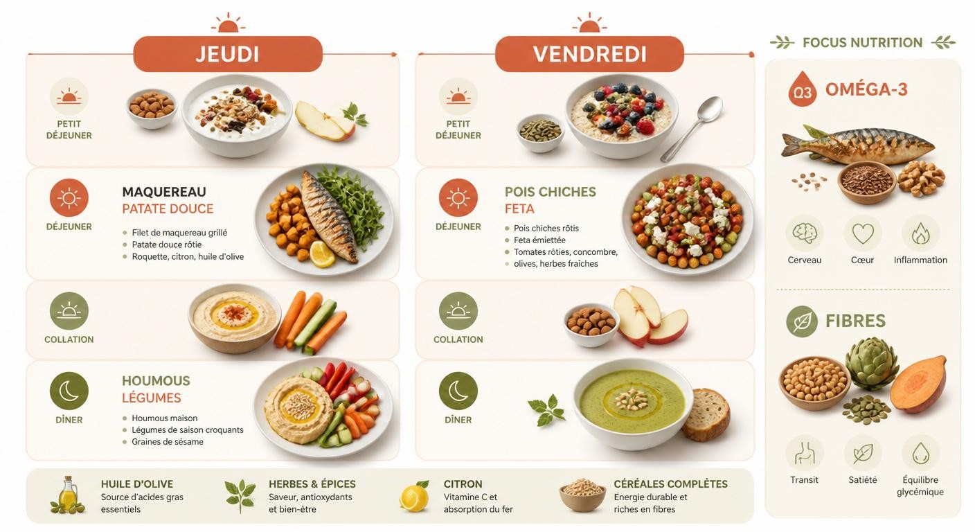 Infographie des menus jeudi et vendredi pour maintenir l'énergie à la ménopause