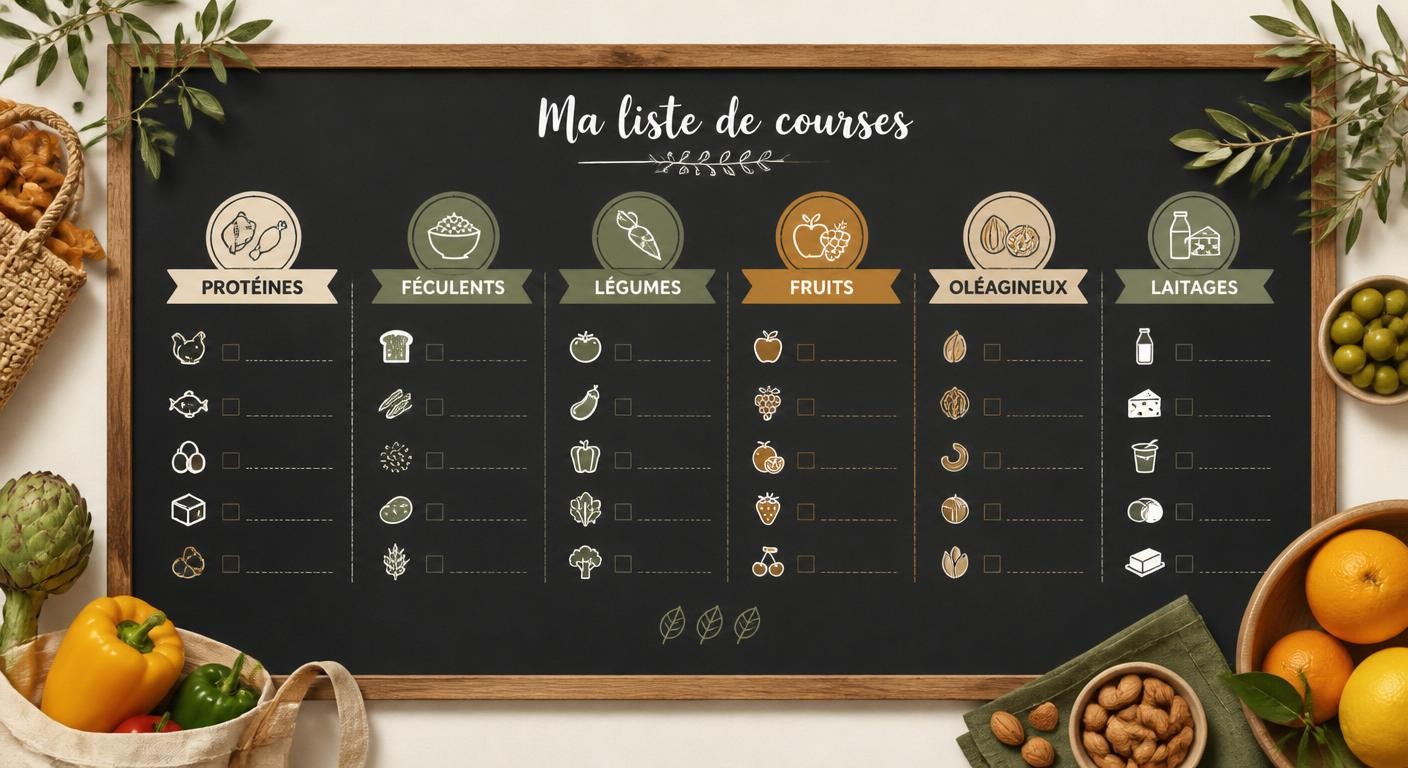 Infographie de la liste de courses optimisée pour une semaine de menu ménopause