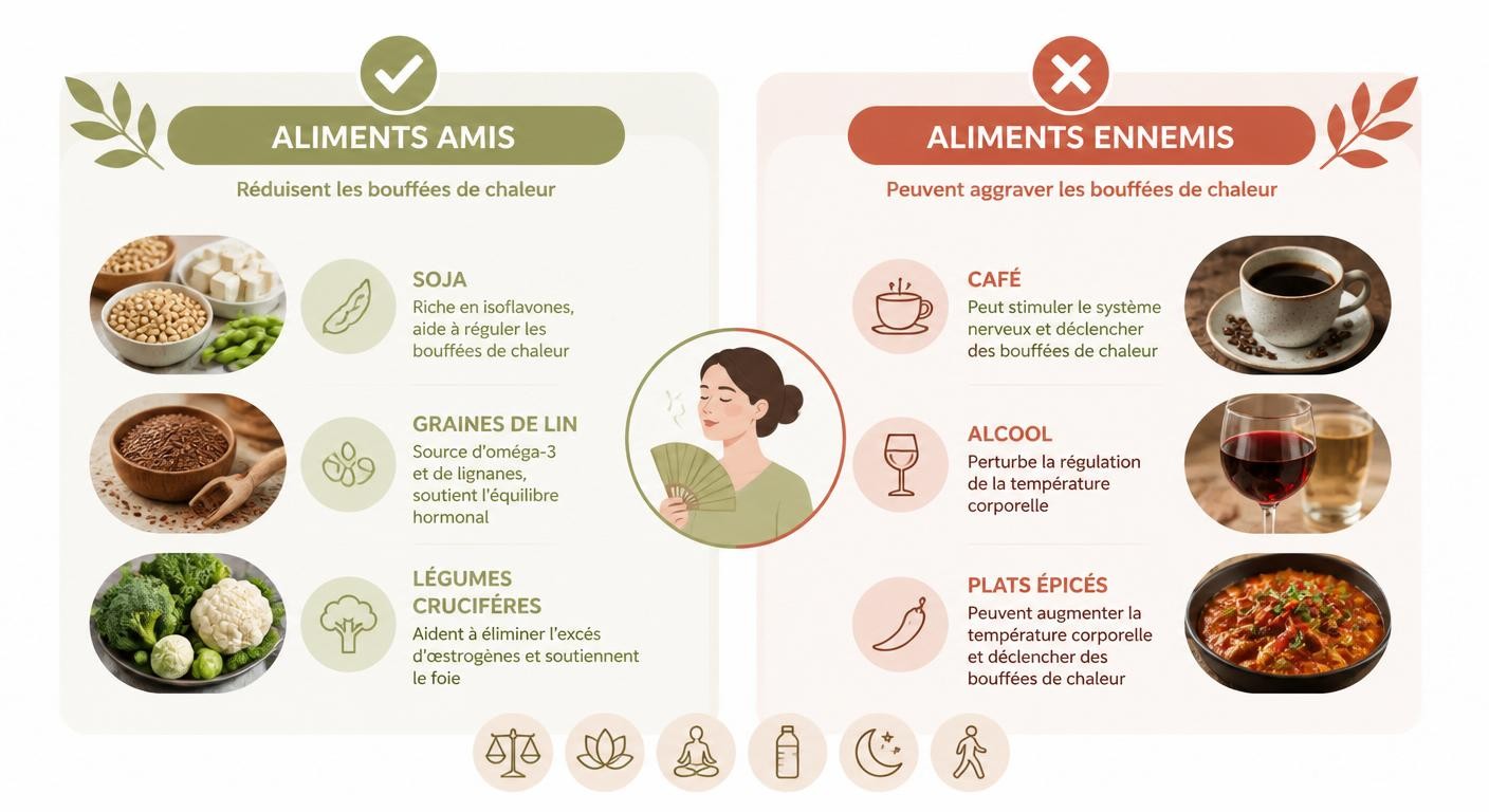 Infographie comparant les aliments amis et ennemis des bouffées de chaleur