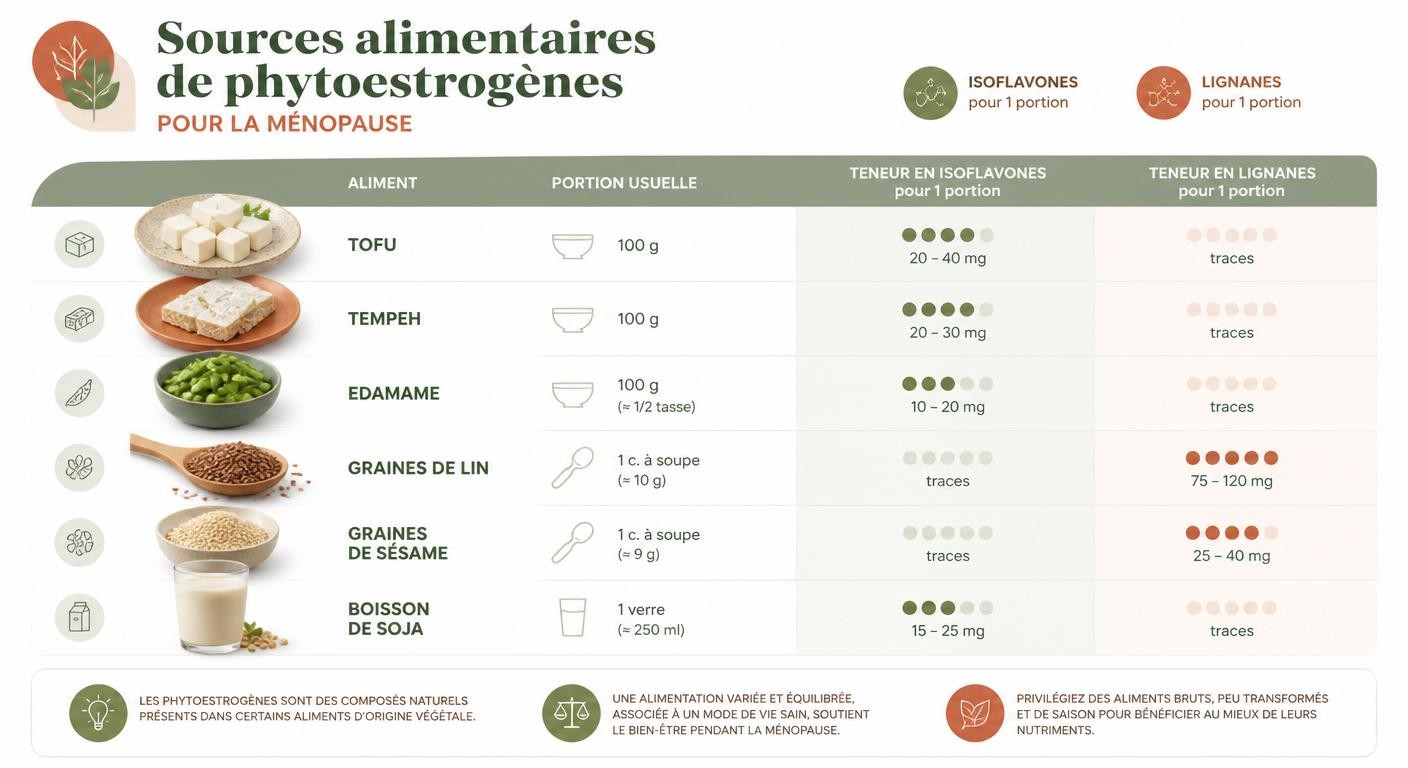 Infographie des principales sources de phytoestrogènes dans l'alimentation ménopause