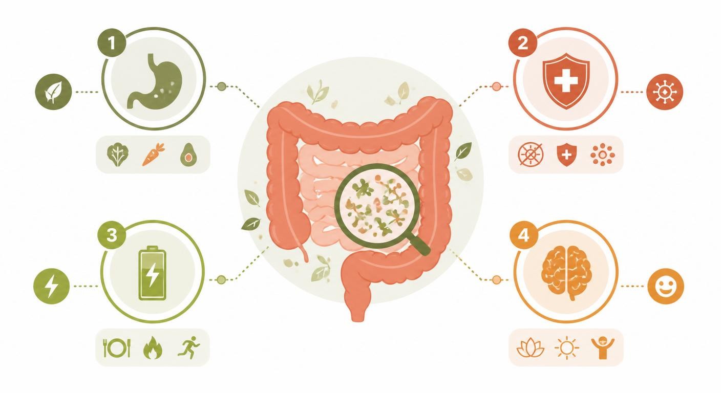 Infographie des quatre rôles du microbiote intestinal