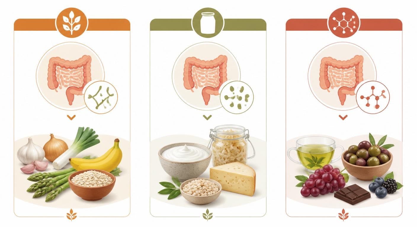 Infographie comparant prébiotiques, probiotiques et polyphénols