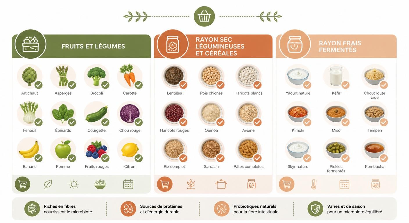 Infographie liste de courses microbiote organisée par rayon