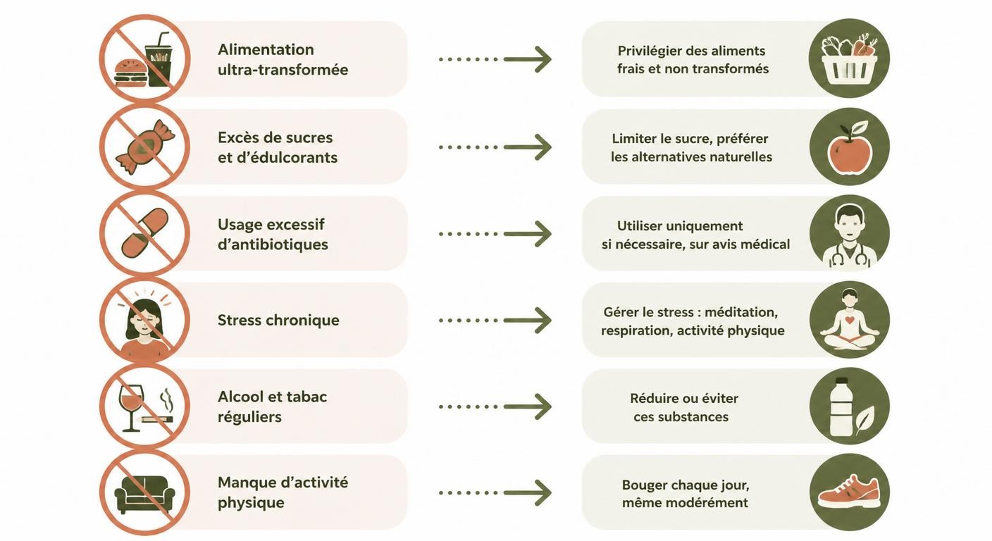 Infographie des erreurs à éviter pour le microbiote