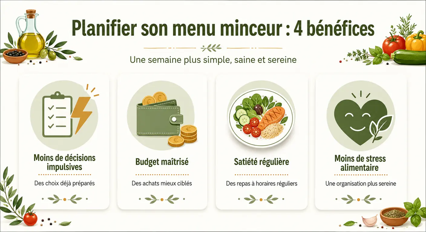 Infographie des quatre bénéfices d'un menu perte de poids planifié sur une semaine.