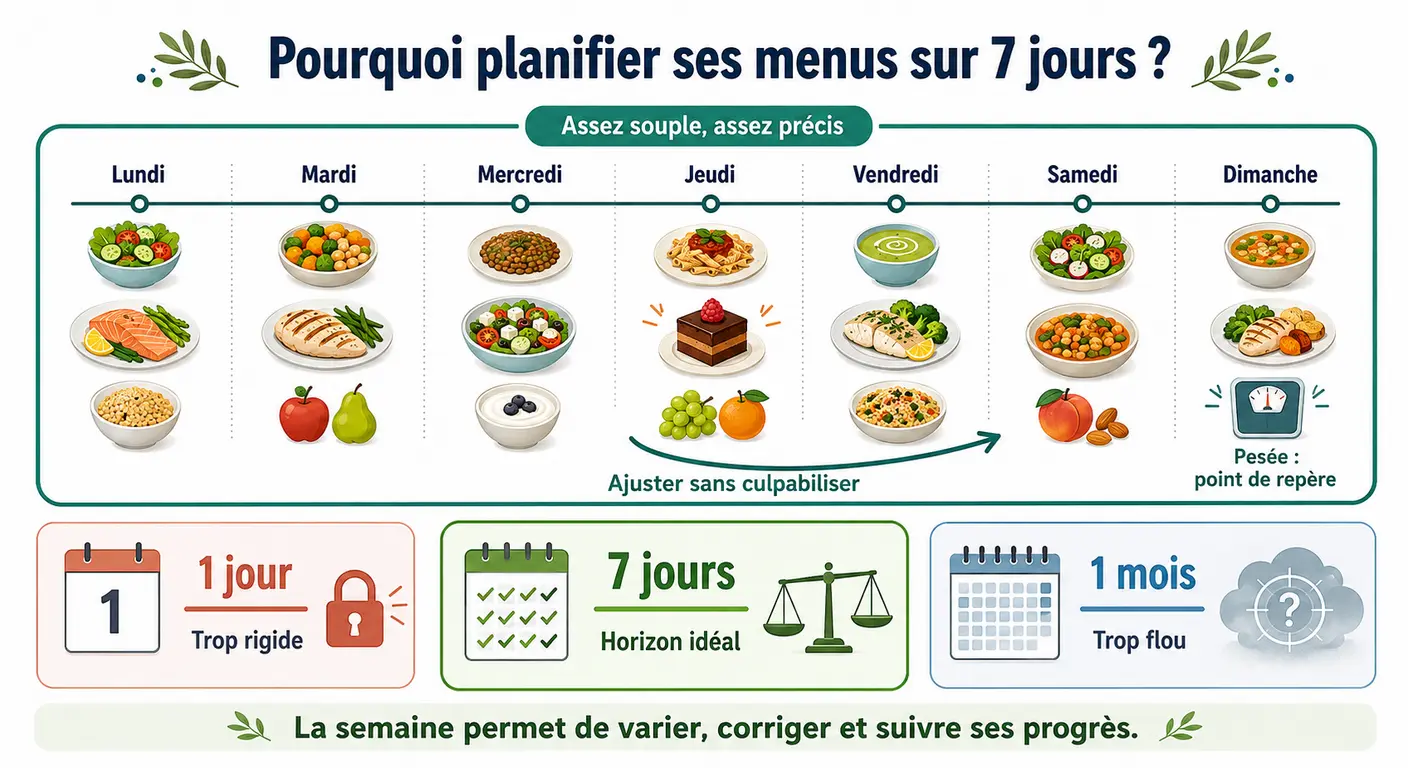Infographie expliquant pourquoi la semaine est l'unité idéale pour planifier sa perte de poids.